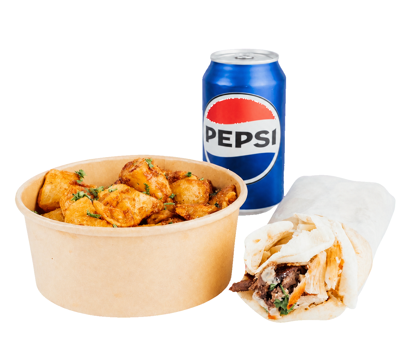 Trio KHUBZ avec wrap, pommes de terre à l’ail et Pepsi